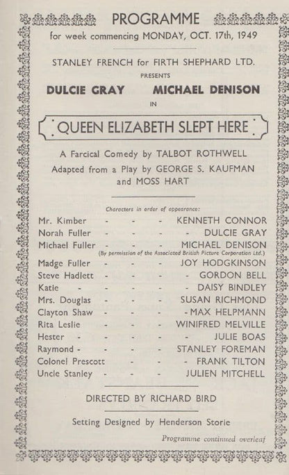 Queen Elizabeth Slept Here Talbot Rothwell Nottingham Theatre Royal Programme