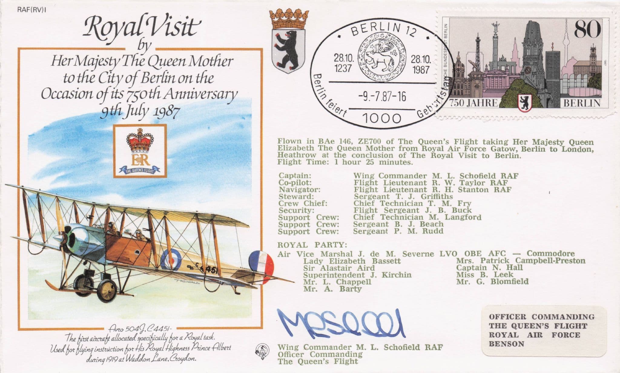 Queen Mother Royal Visit To Berlin 1987 Hand Signed FDC