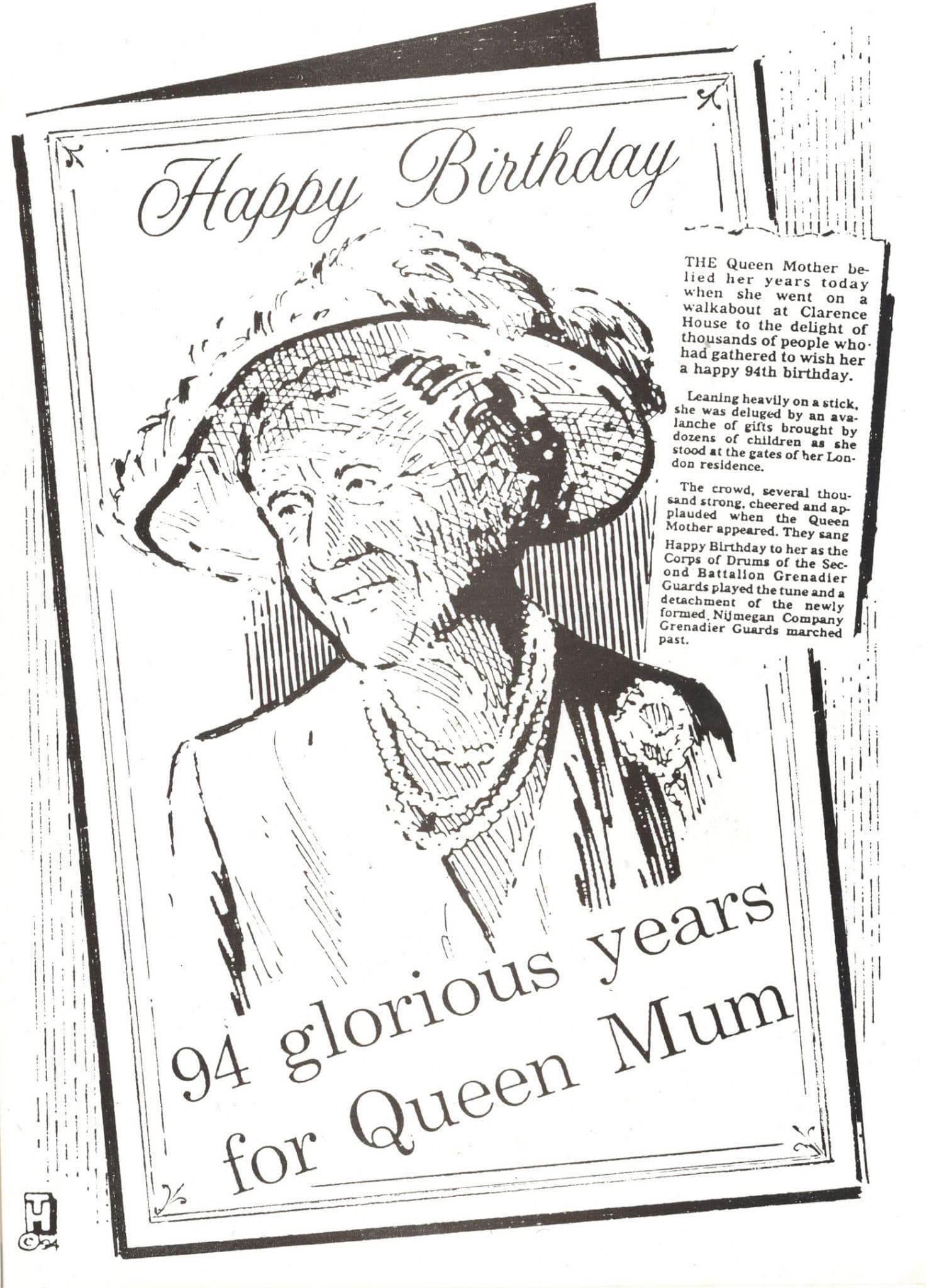 Queen Mum Mother 94th Birthday Headline Drawing Rare Postcard