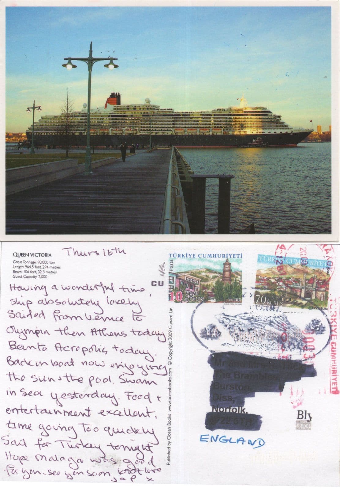 Queen Victoria Cruise Ship On Board Turkey Passenger Postcard