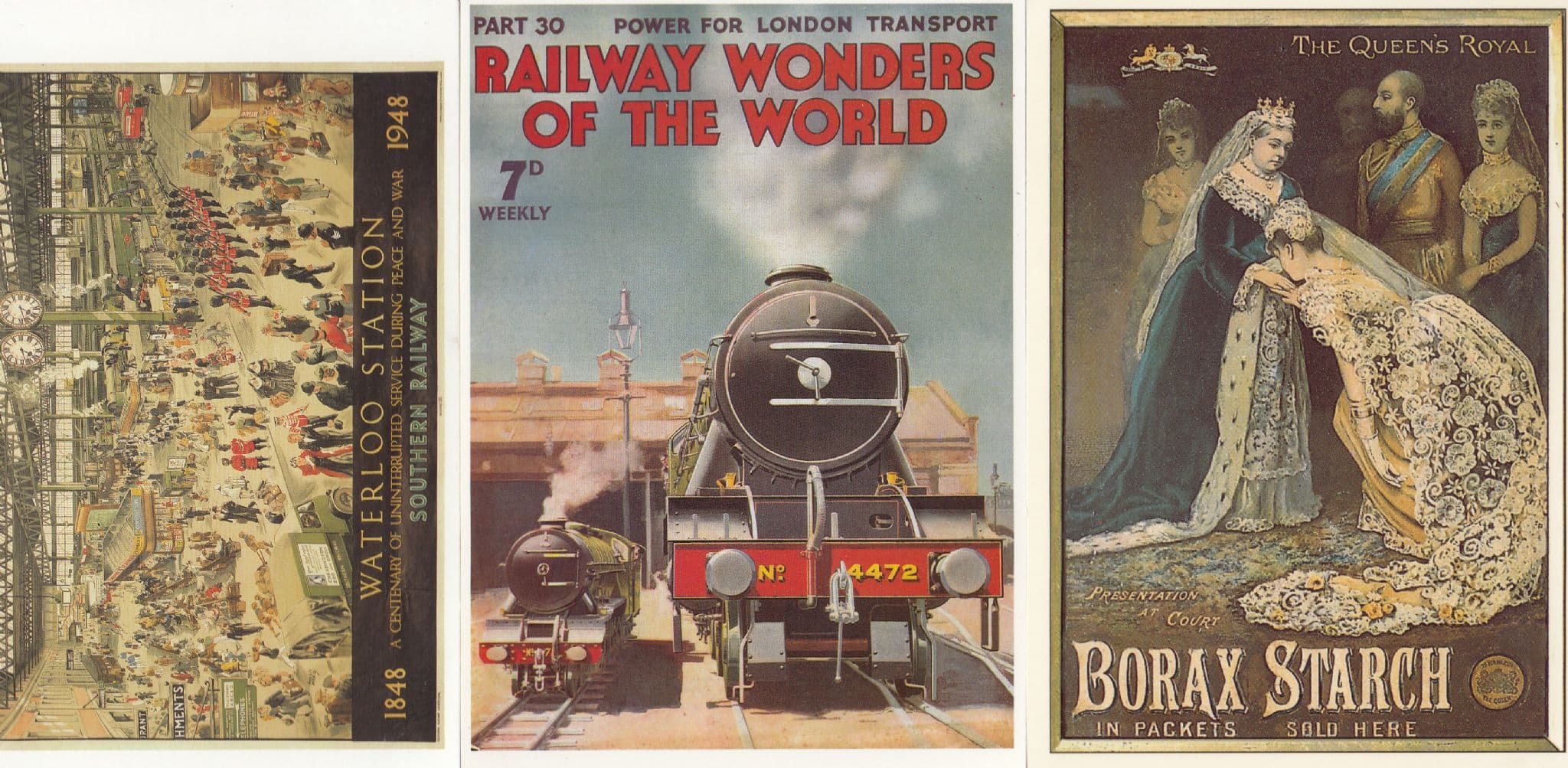 Queen Victorian Borax Starch Train 3x Railway Advertising Poster Postcard