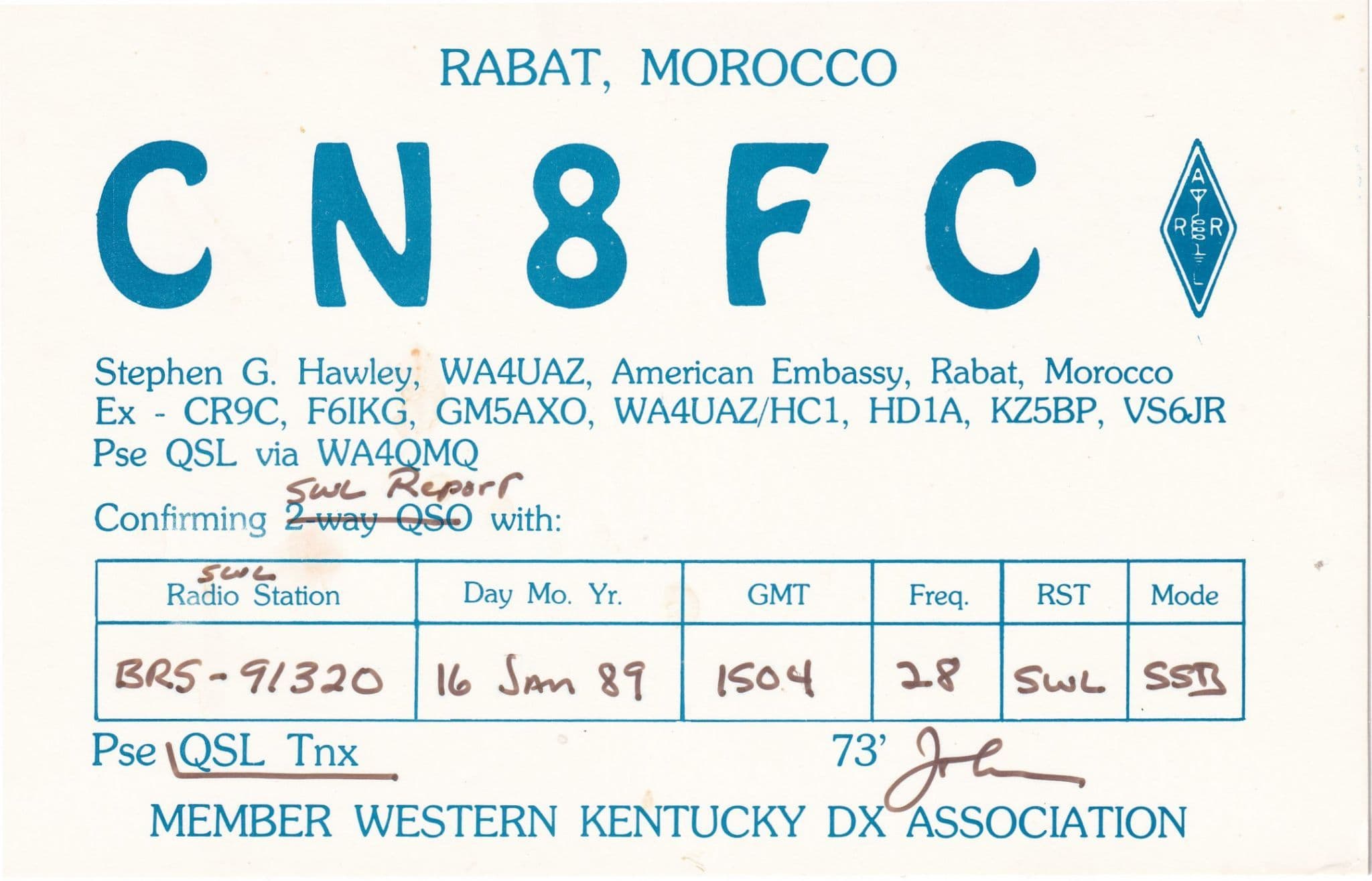 Rabat Morocco QSL Western Kentucky Radio DX Association Station Contact Card