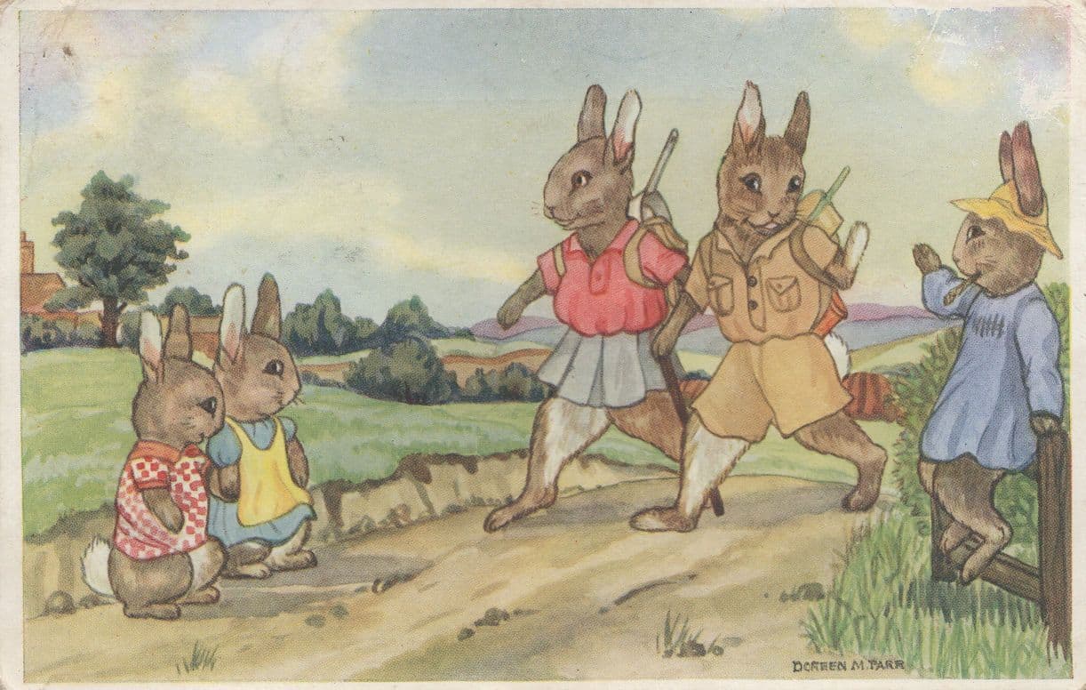 Rabbits Camping 1939 WW2 Animal Comic Old Postcard