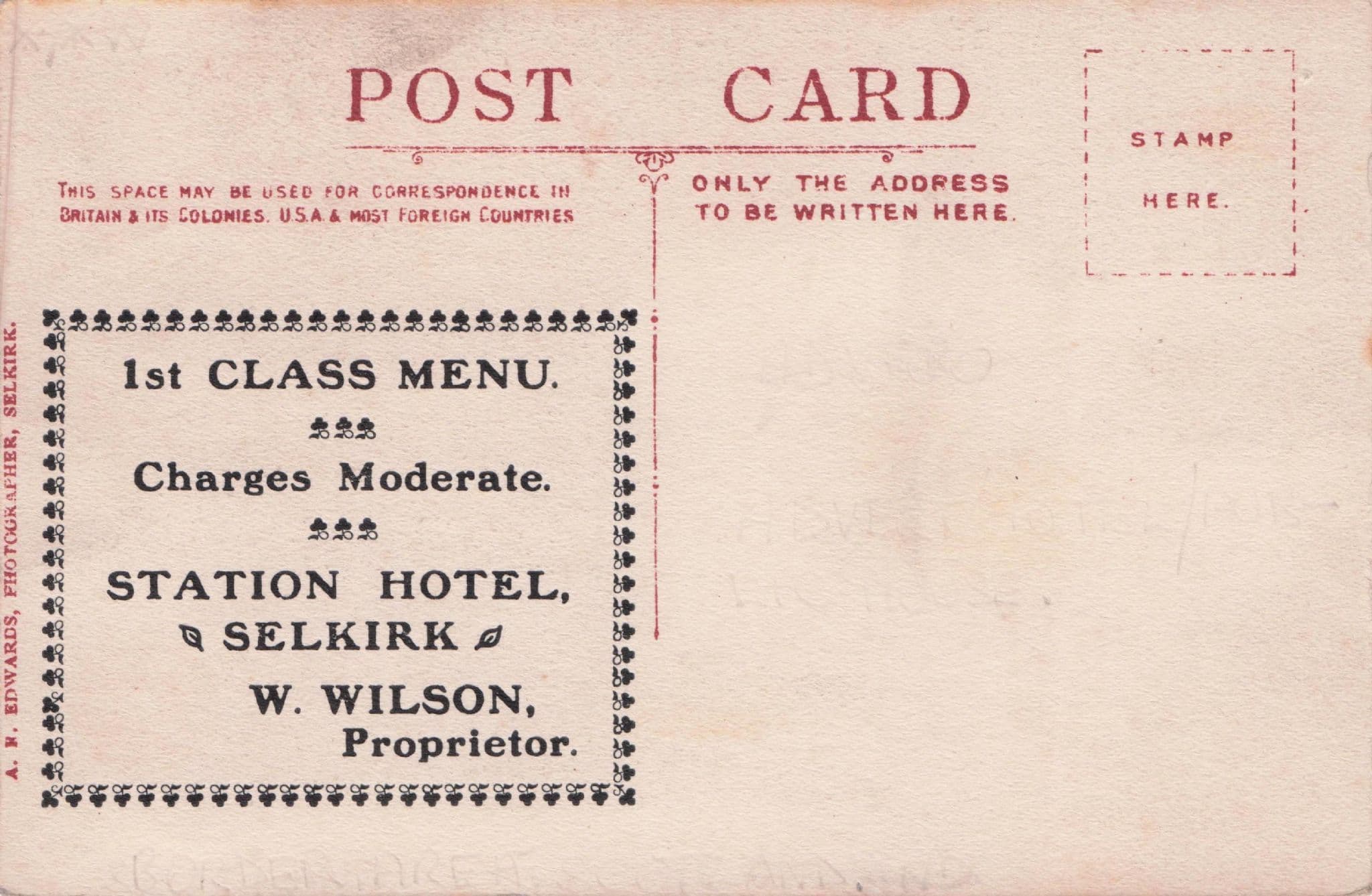 Railway Station Hotel Selkirk 1st Class Menu Scottish Old WW1  Postcard