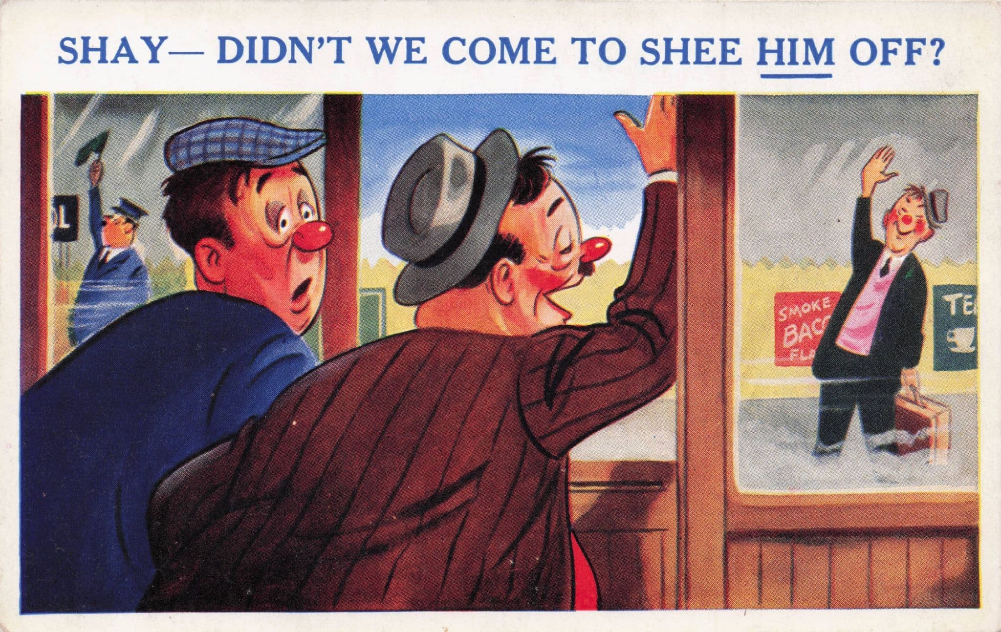 Railway Station Waiting Room Drunk Men Waving Old Comic Postcard