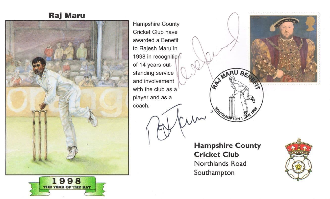 Raj Maru Hampshire Cricket Club DOUBLE Hand Signed 1998 FDC