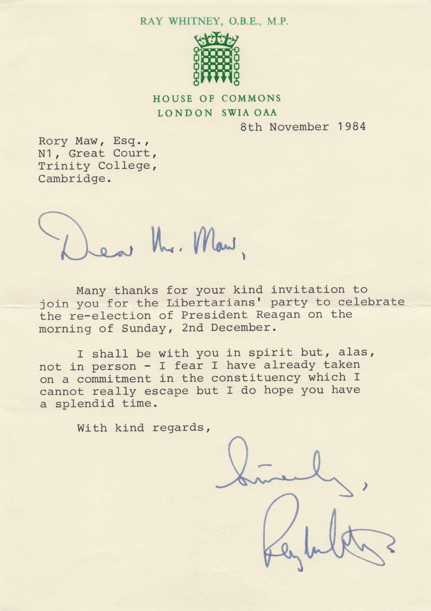 Ray Whitney OBE MP Ronald Reagan Apology Hand Signed HOC Letter