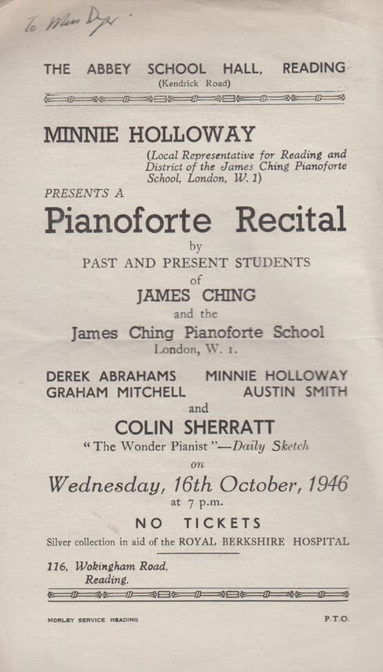 Reading School Hall Classical Berkshire Piano Recital 1946 Theatre Programme Leaflet