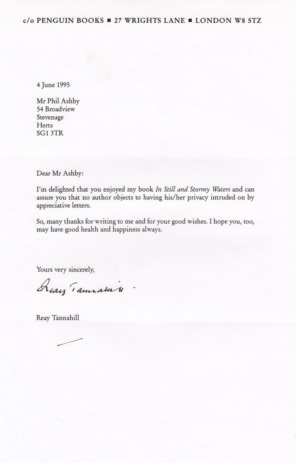 Reay Tannahill Personal Letter Author Rare Hand Signed Autograph
