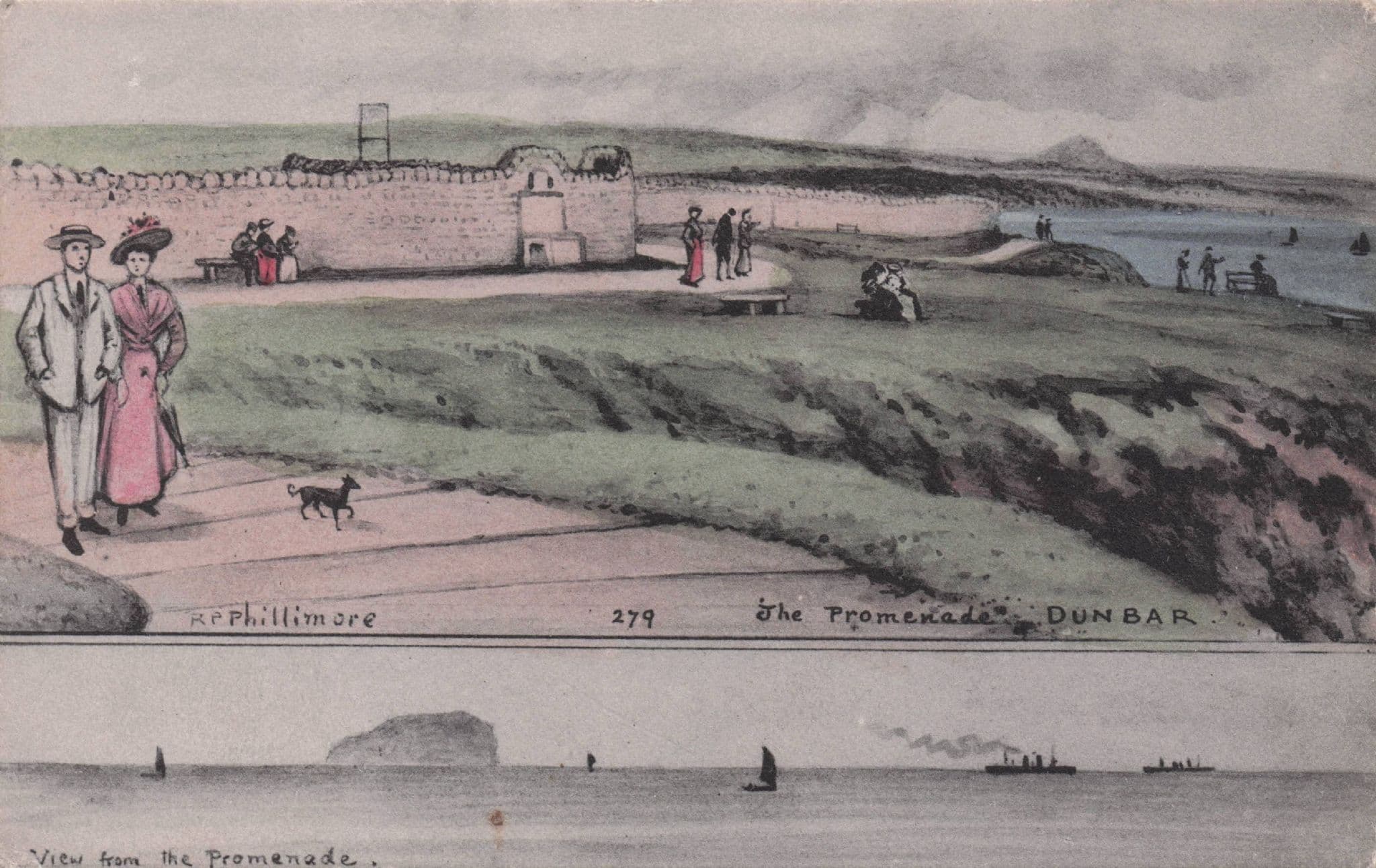 Red Coat Woman at Dunbar Promenade Scottish Old Phillimore Postcard