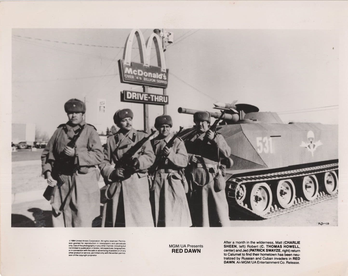 Red Dawn Charlie Sheen Patrick Swayze McDonalds Film 10x8 Monochrome Publicity Photo