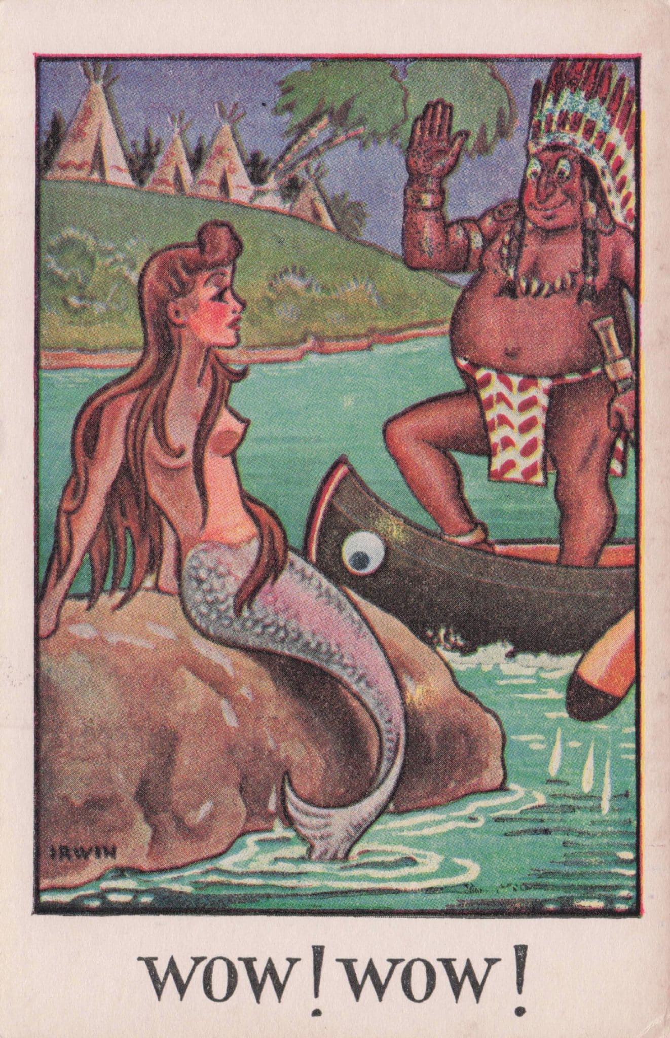 Red Indian Chief Canoe & Sexy Lady Mermaid Antique Comic Postcard