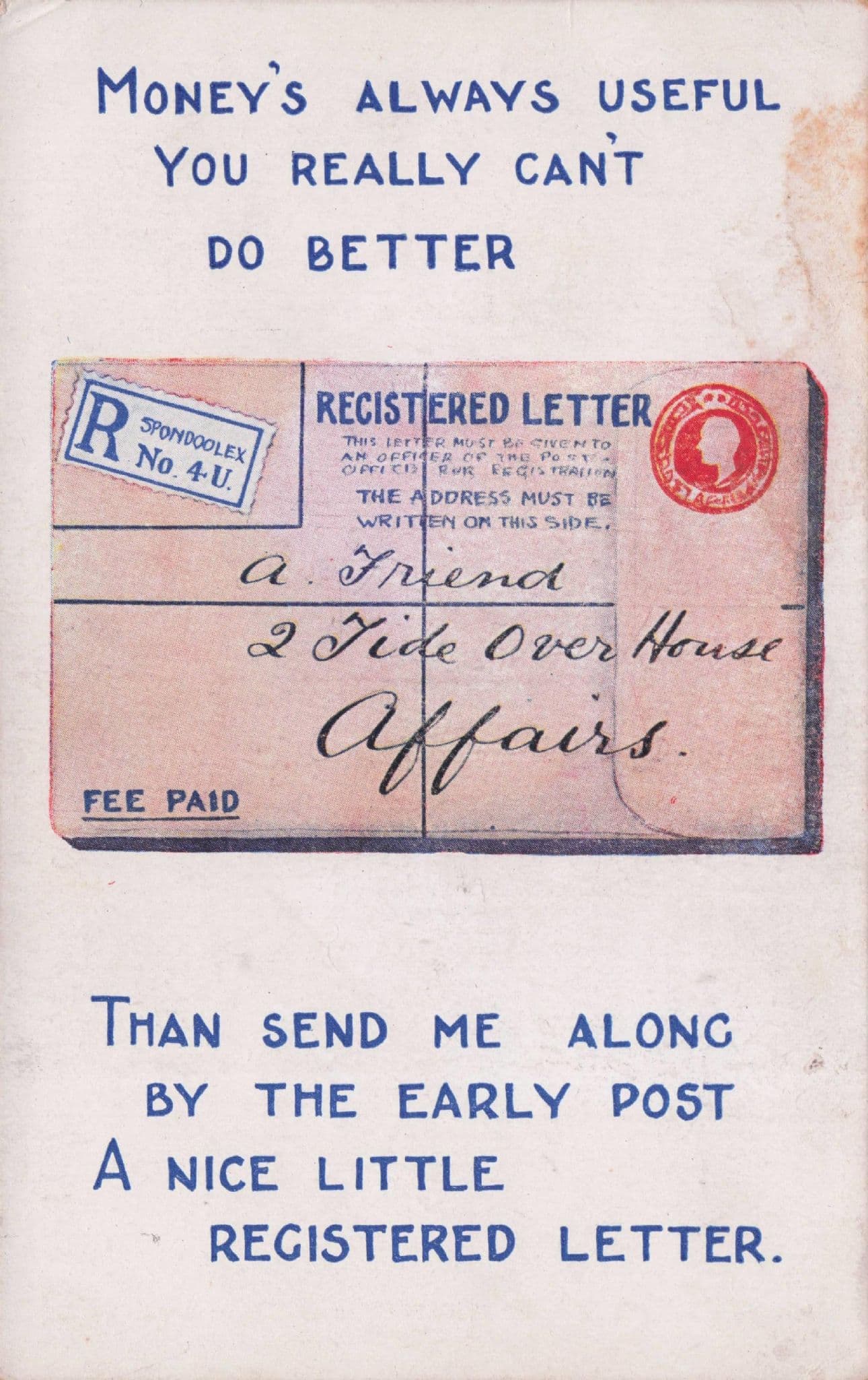 Registered Money Note By Royal Mail Comic Old Postcard