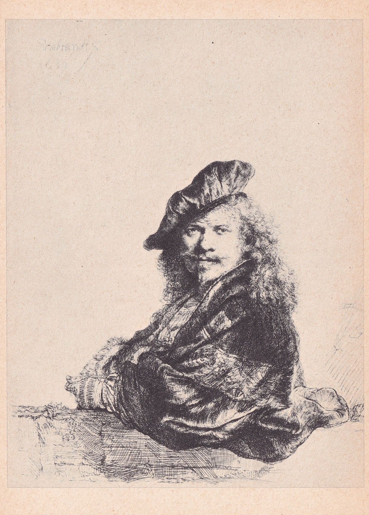 Rembrandt Sitting On A Seal Antique Etching Painting Postcard