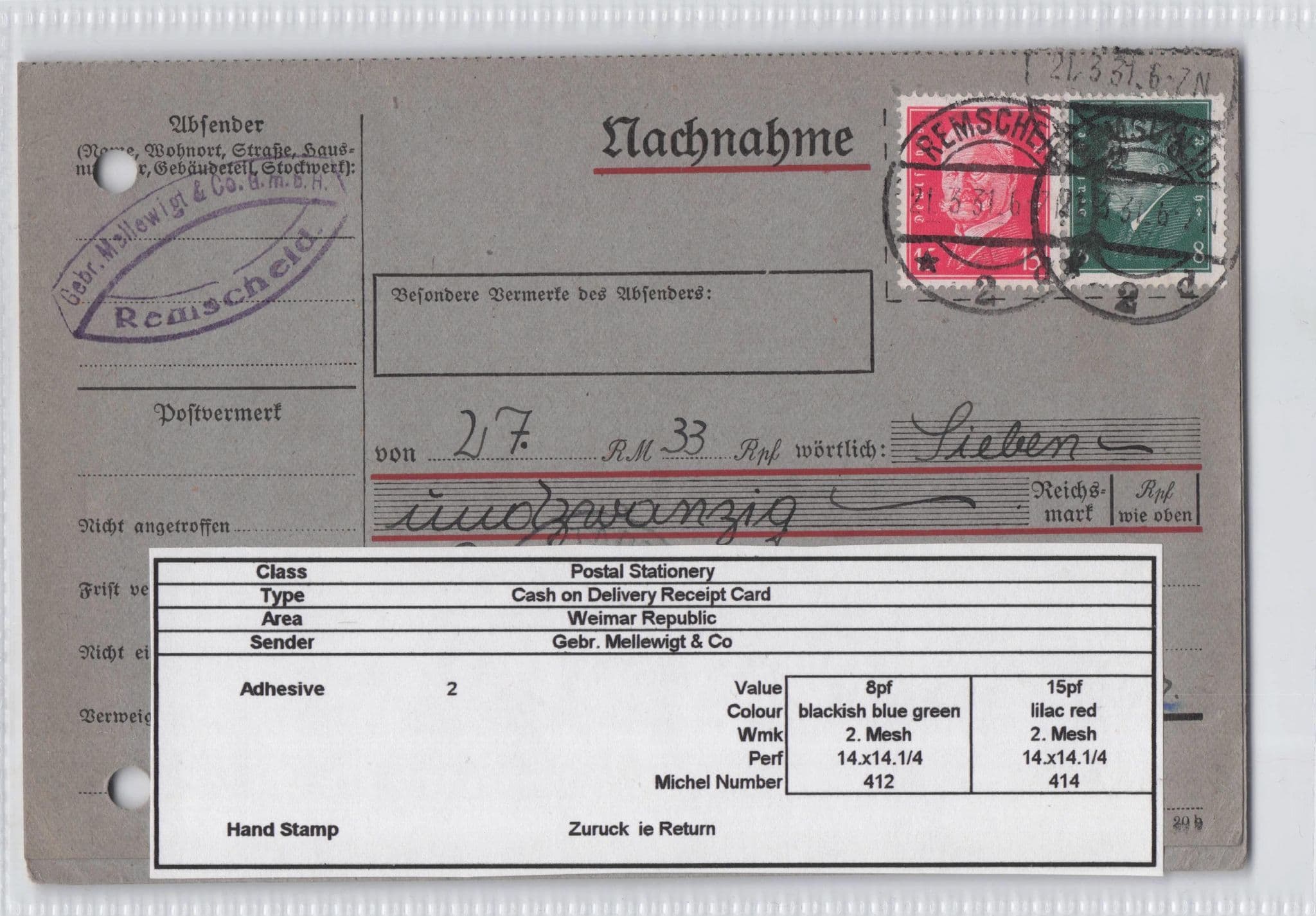 Remscheld Zuruck German Postal History Cash On Delivery 1931 Postcard