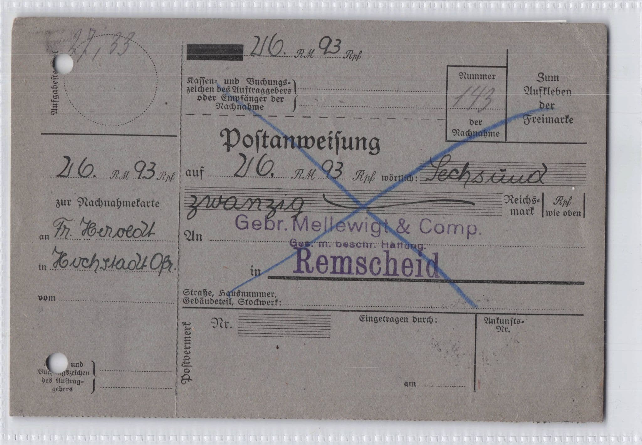 Remscheld Zuruck German Postal History Cash On Delivery 1931 Postcard