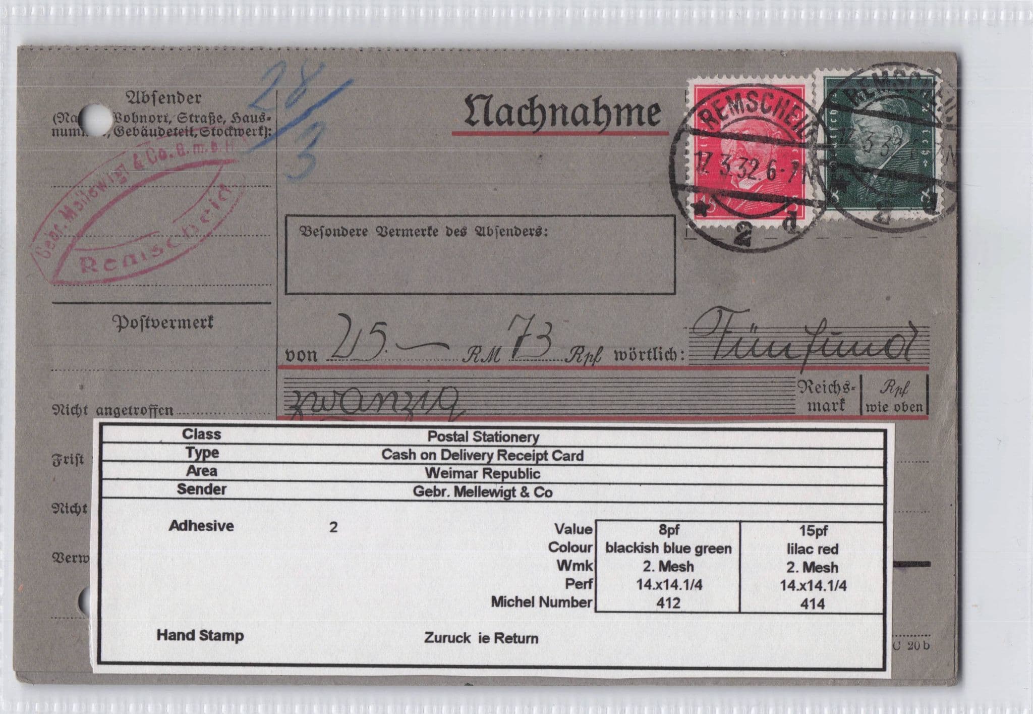 Remscheld Zuruck Germany Postal History Cash On Delivery 1932 Postcard