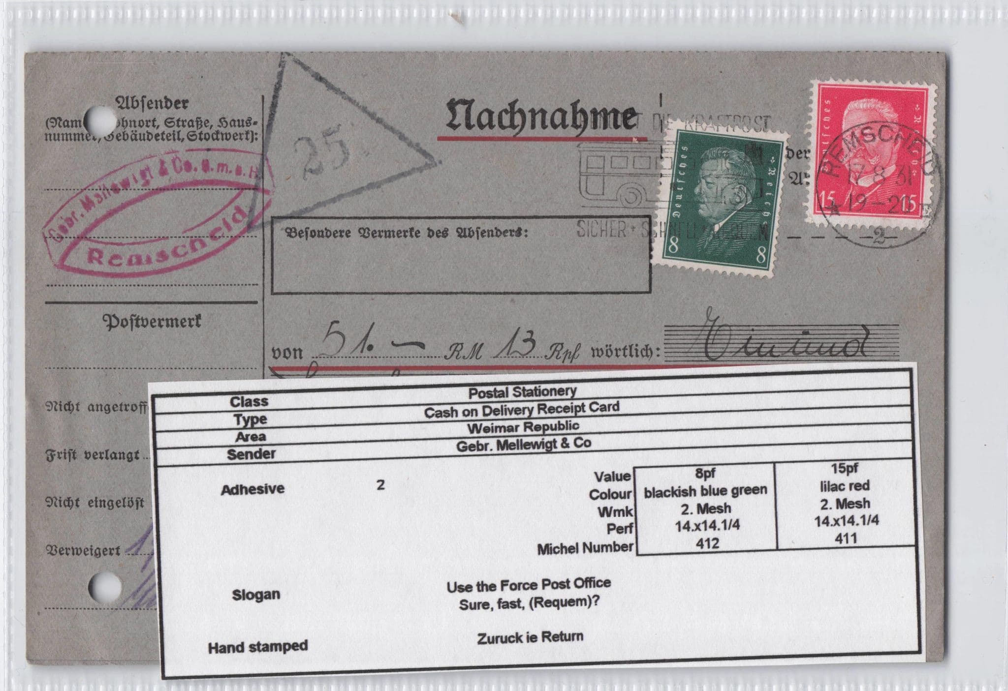 Renischeld German 1931 Cash On Delivery Receipt Old Postcard