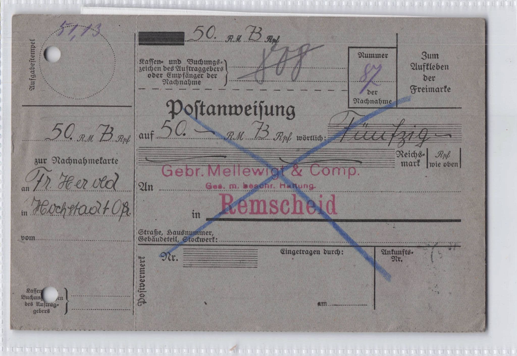 Renischeld German 1931 Cash On Delivery Receipt Old Postcard