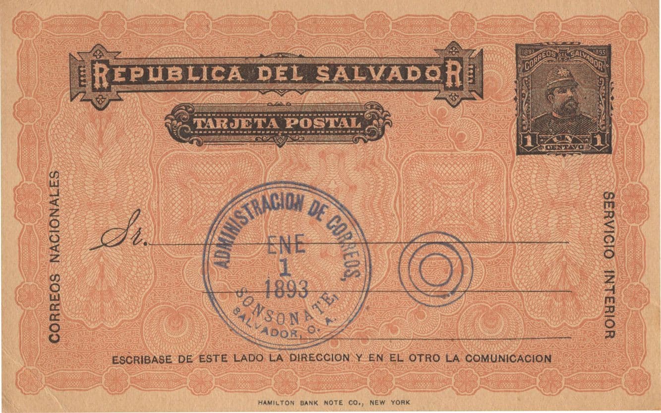 Republica De Salvador Tarjeta Postal 1893 Old Postcard Has Faults