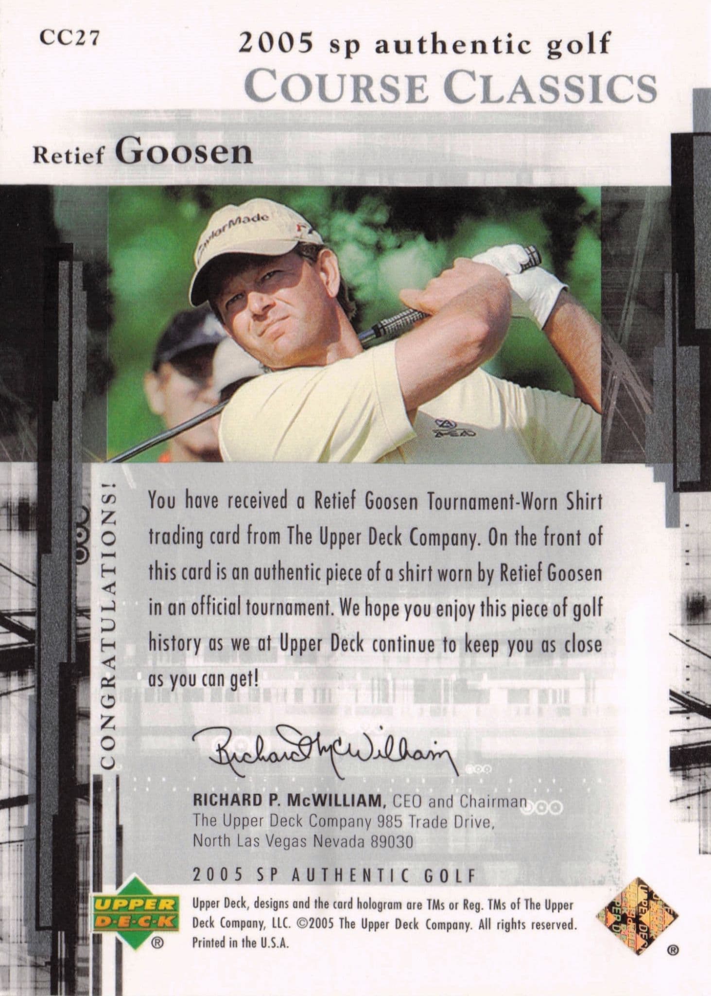 Retief Goosen Course Classics 2005 Golf SP Upper Deck Worn Shirt Card
