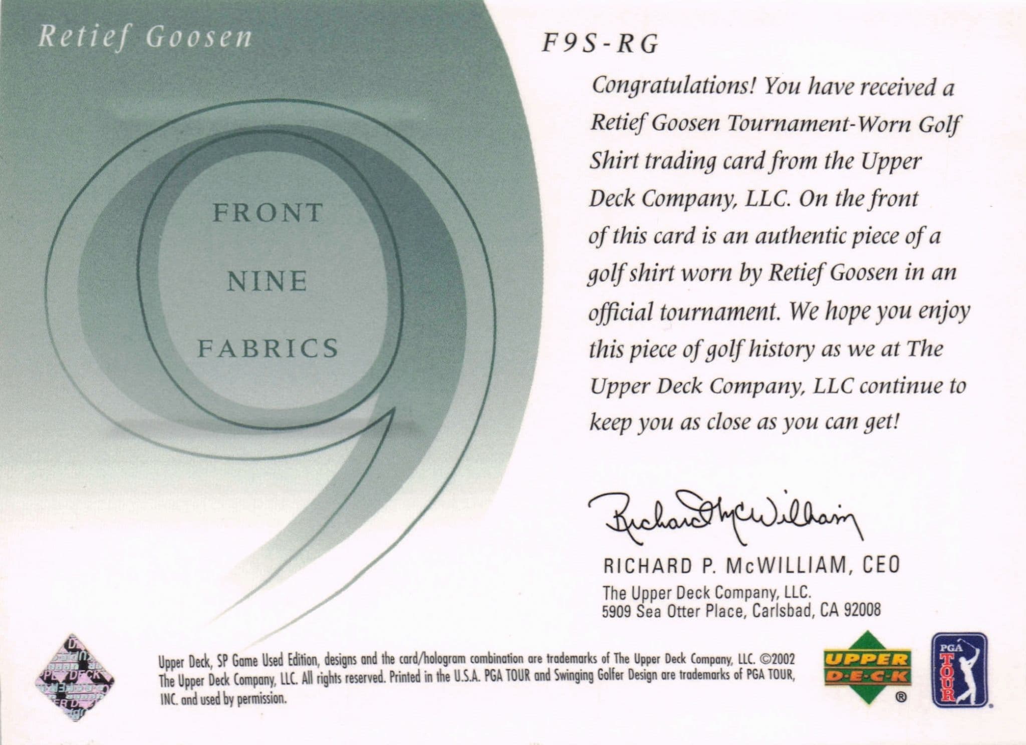 Retief Goosen Front 9 Fabric 2002 Upper Deck Authentic Shirt Card