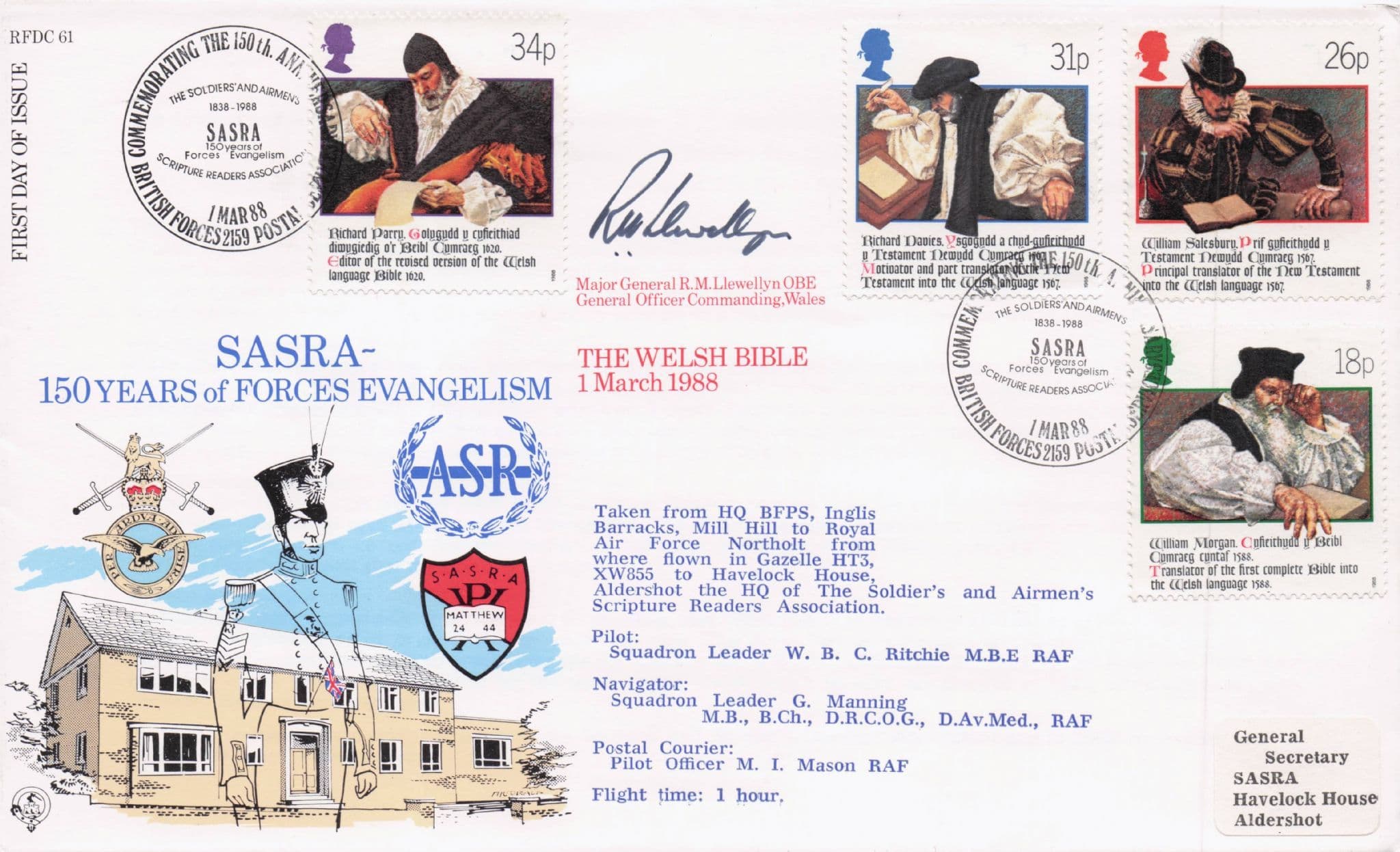 Reverand RM Llewellyn SASRA Forces Evangalism Welsh Bible Hand Signed FDC