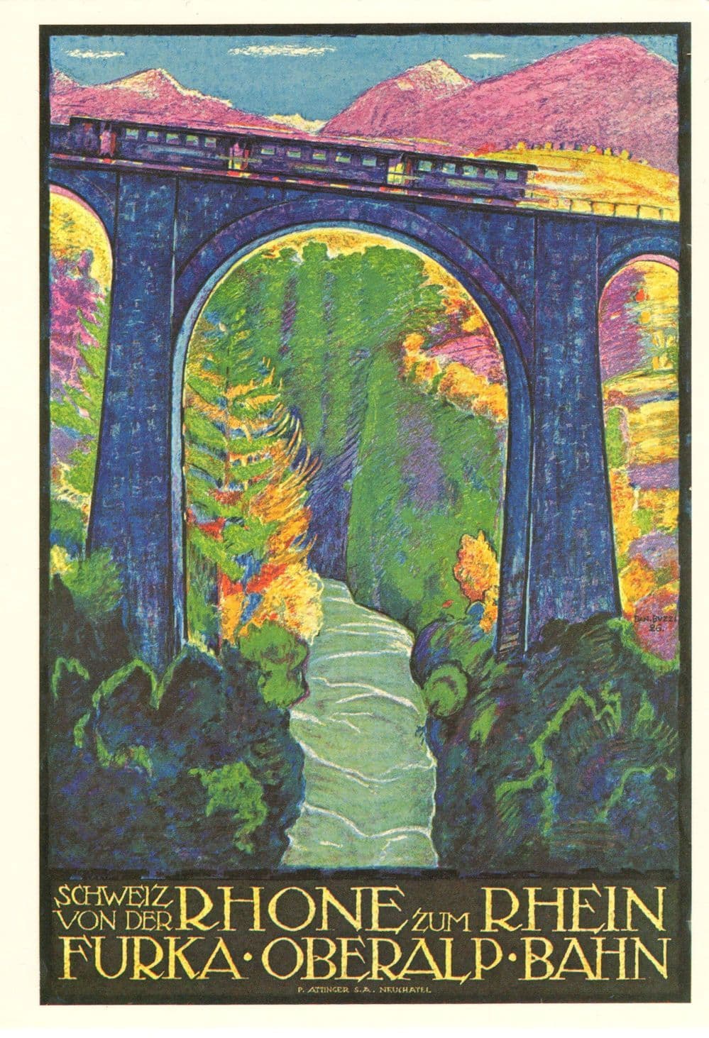 Rhone Zue Rhein Furka Oberalp Bahn Trains Swiss Advertising Postcard