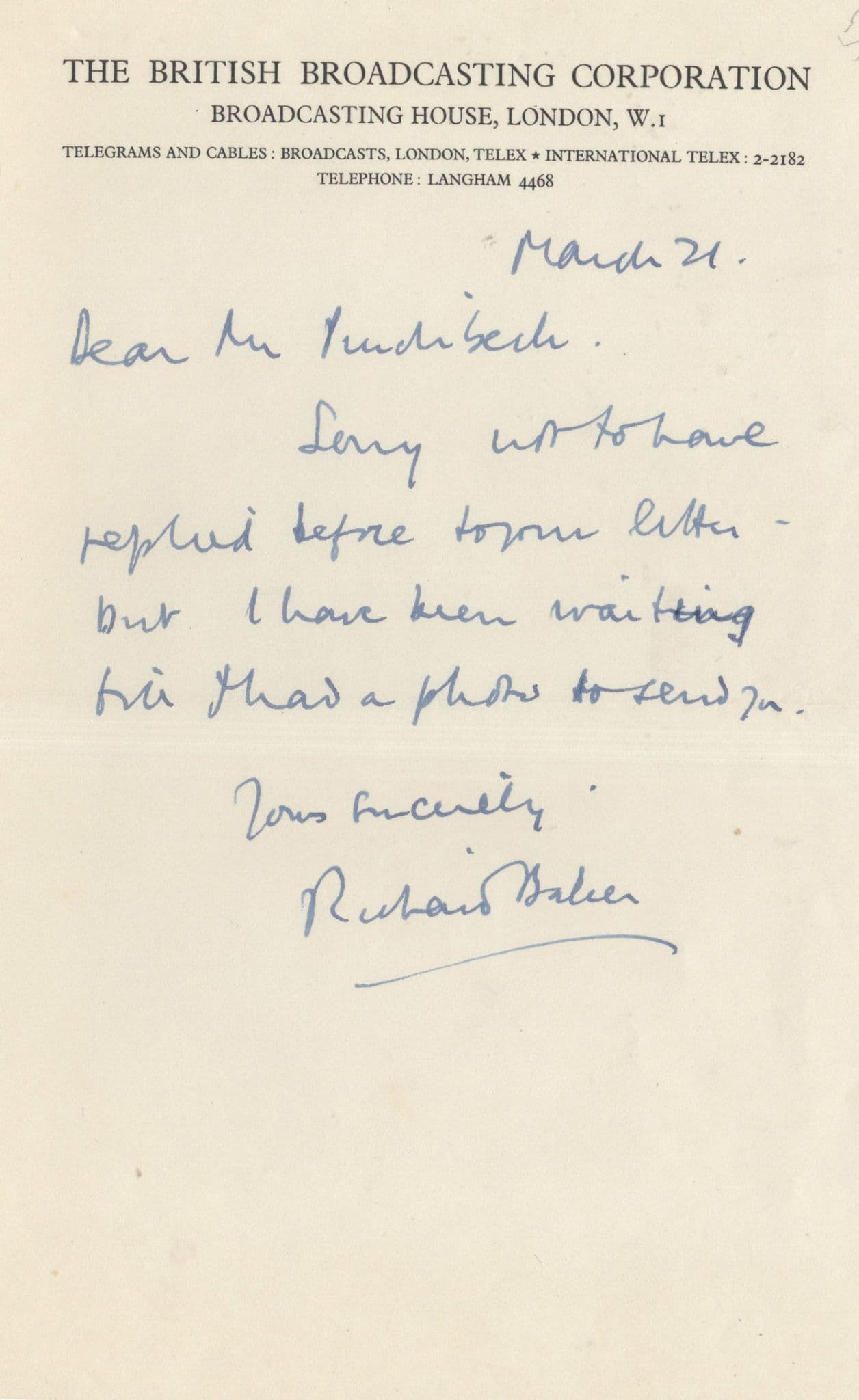 Richard Baker Newsreader 1950s BBC Old Hand Signed Letter