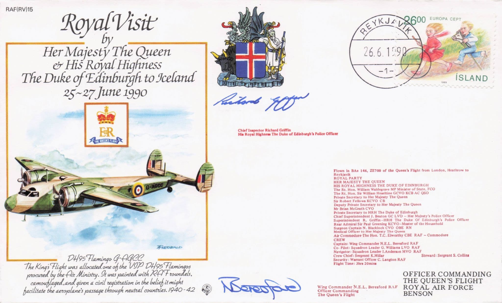 Richard Griffin Duke Of Edinburgh Police Officer Hand Signed Iceland FDC