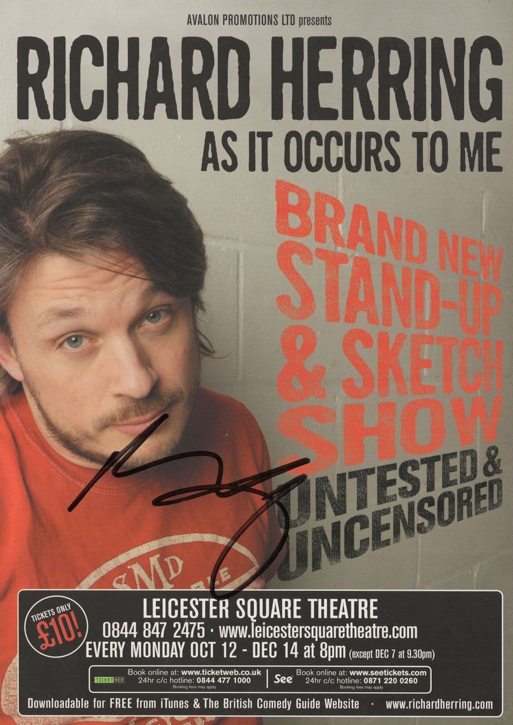 Richard Herring As It Occurs To Me Live Comedian Hand Signed Theatre Flyer