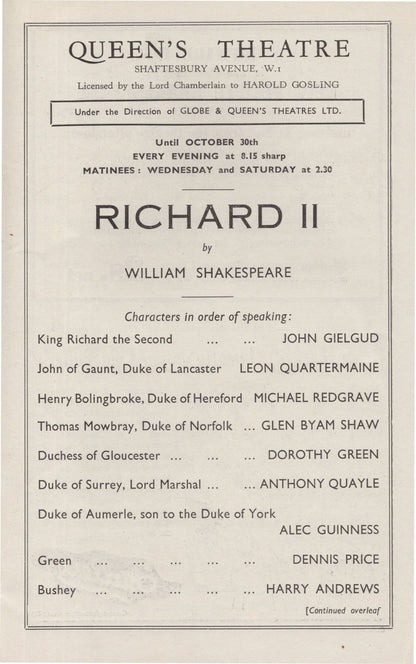 Richard II John Gielgud 1937 Queens Theatre London Shakespeare Programme