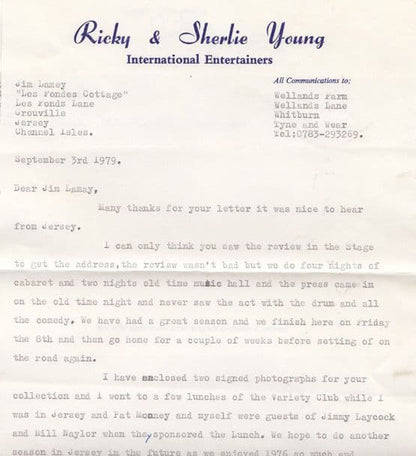 Ricky & Sherlie Young Jimmy Laycock Hand Signed Giant Photo & Private Letter