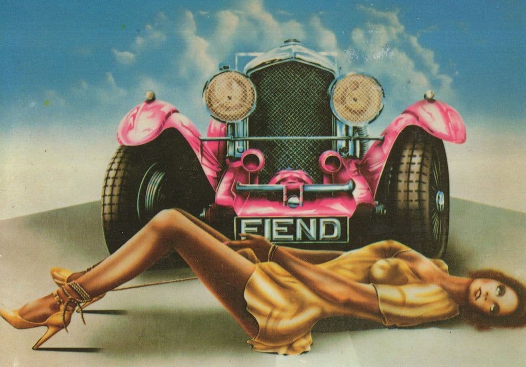 Risque Lady By Old Pink Cadillac Car Erotic Painting Postcard