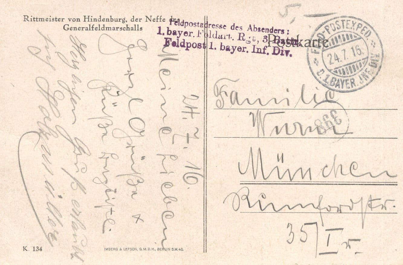 Rittmeister Von Hindenburg German Marshalls WW1 Sent By Bayer Soldier Postcard
