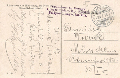 Rittmeister Von Hindenburg German Marshalls WW1 Sent By Bayer Soldier Postcard
