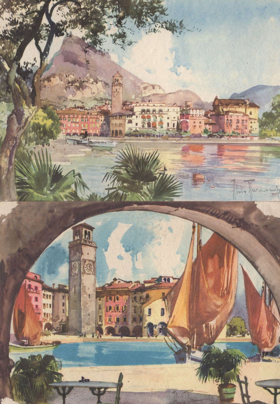 Riva Del Gardo Porto Firenze Italy 2x Old Painting Postcard s