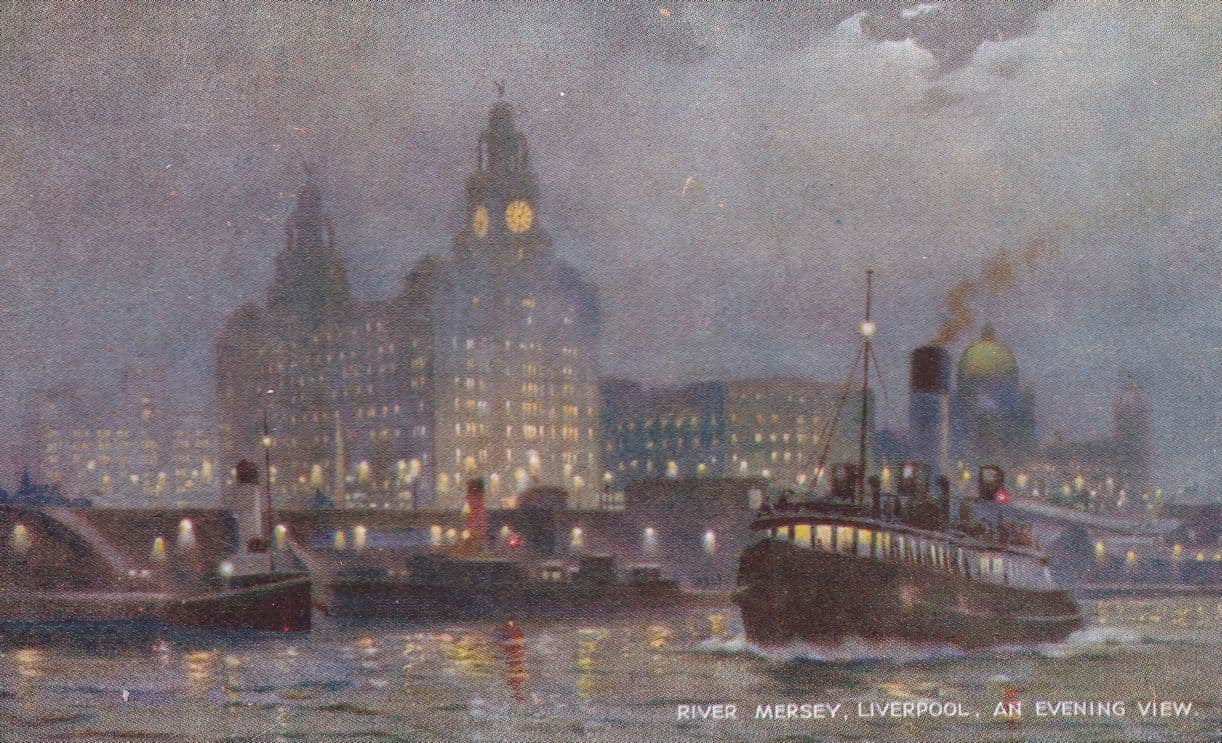 River Mersey Liverpool Evening View Antique Postcard