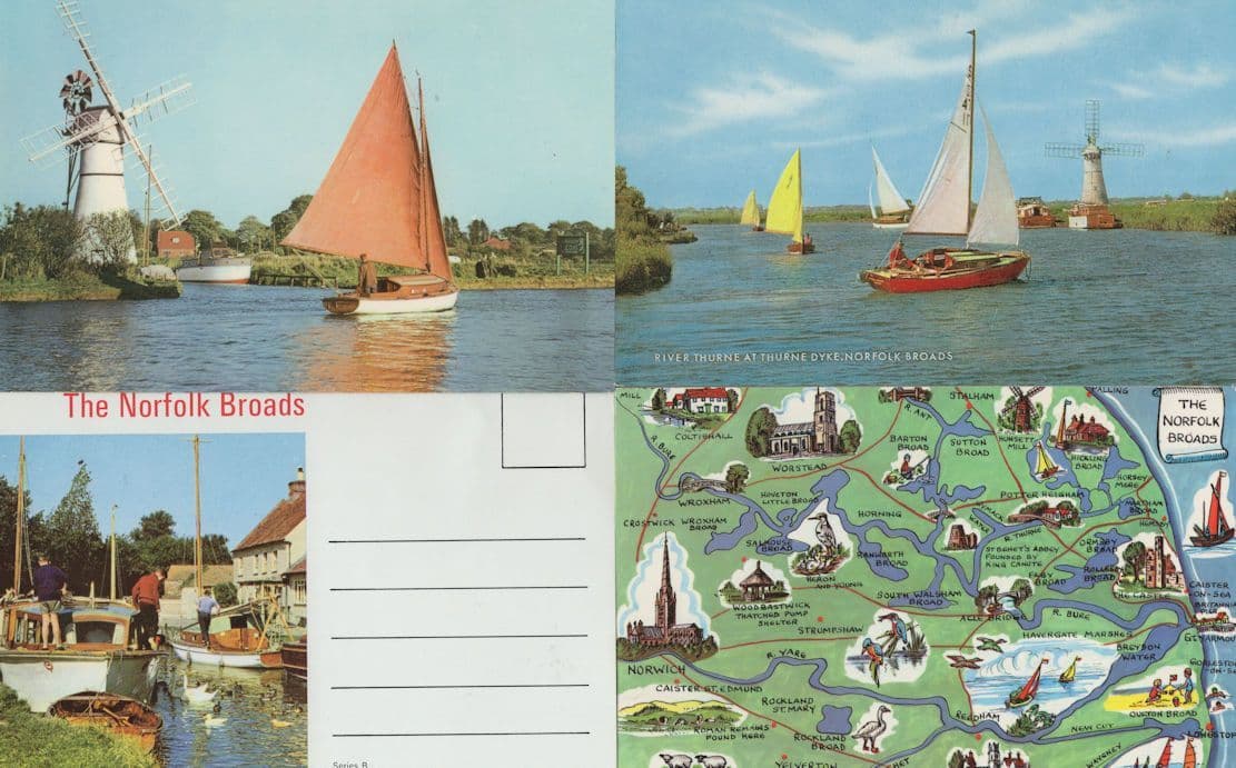 River Thurne Norfolk Broads Map 1970s 4x Postcard s inc Folding Book