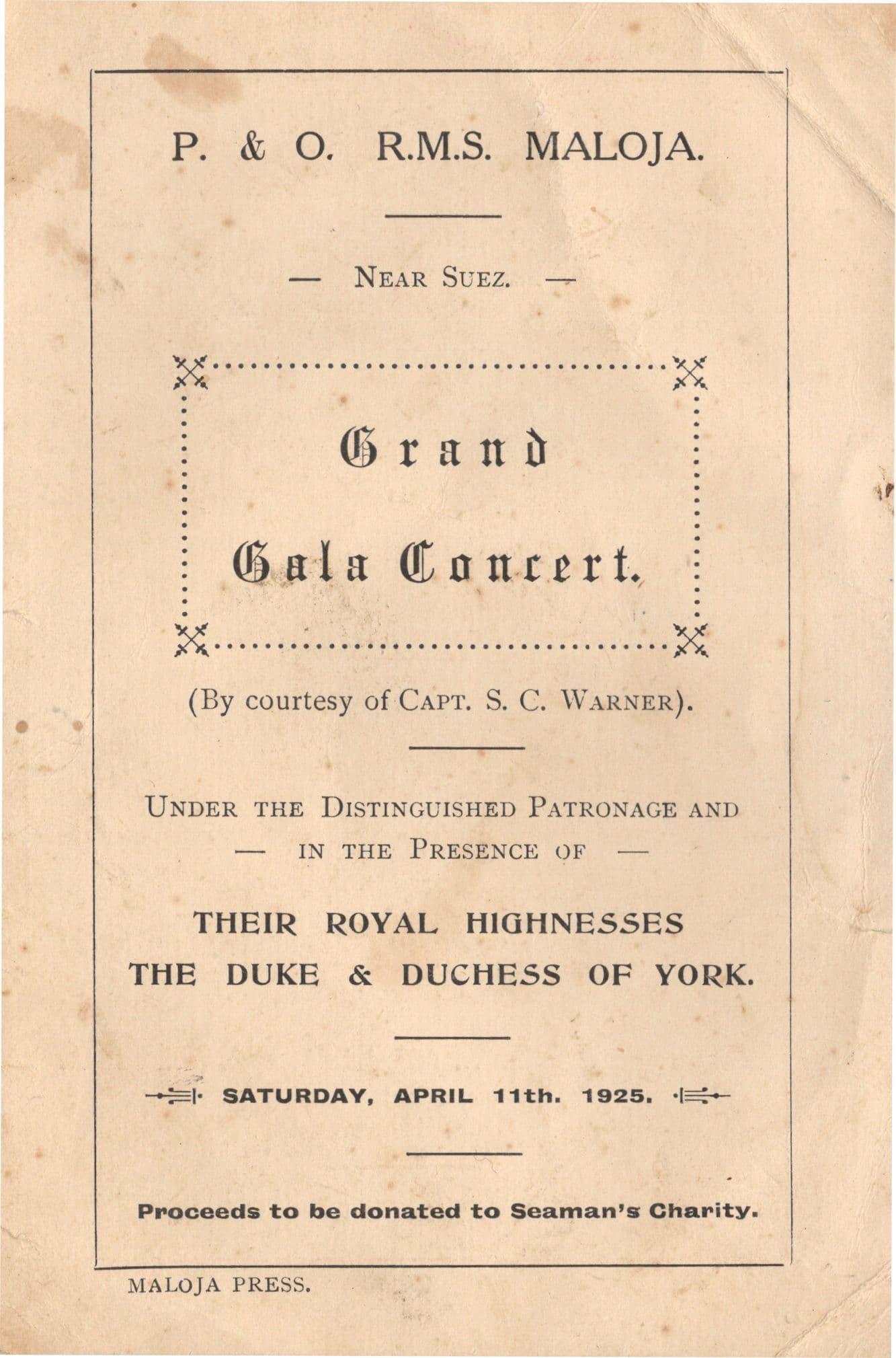 RMS Maloja 1925 P&O Ship Concert Duke Duchess Of York Programme