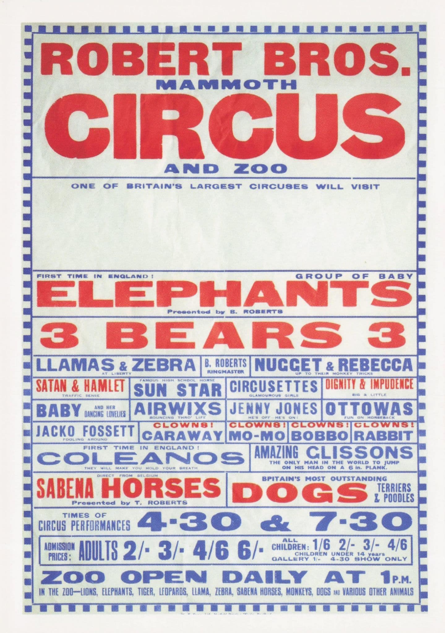 Robert Brothers Circus Mammoth Zoo Carnival Poster Postcard