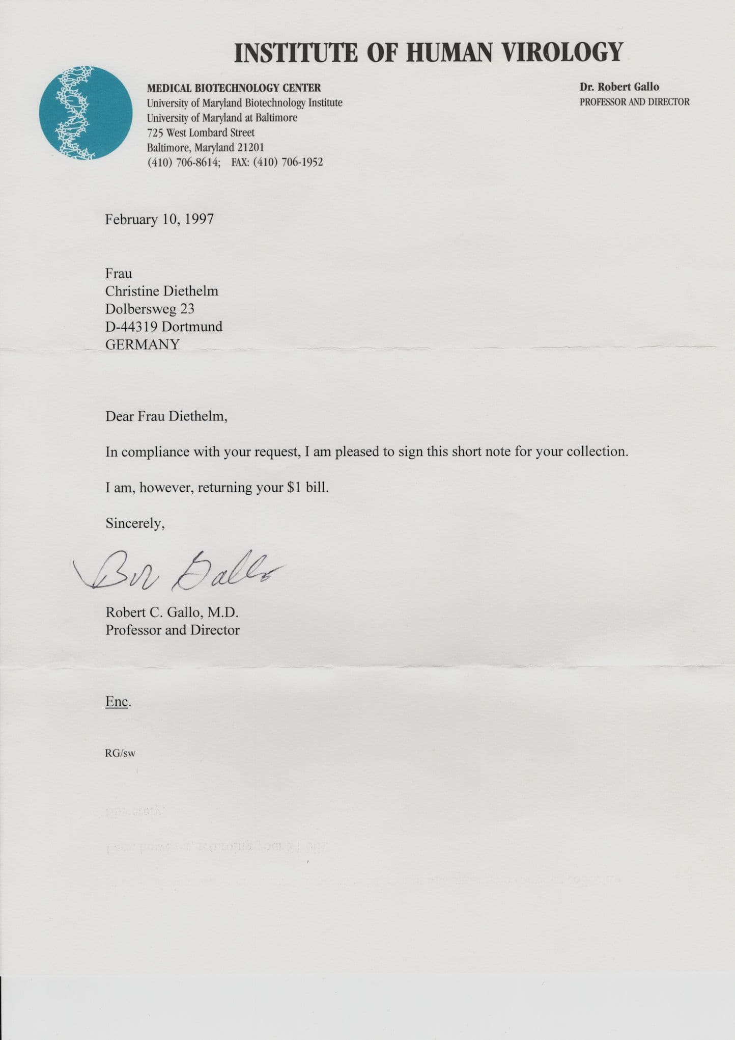 Robert C Gallo Historic AIDS HIV Professor Virologist Hand Signed Letter