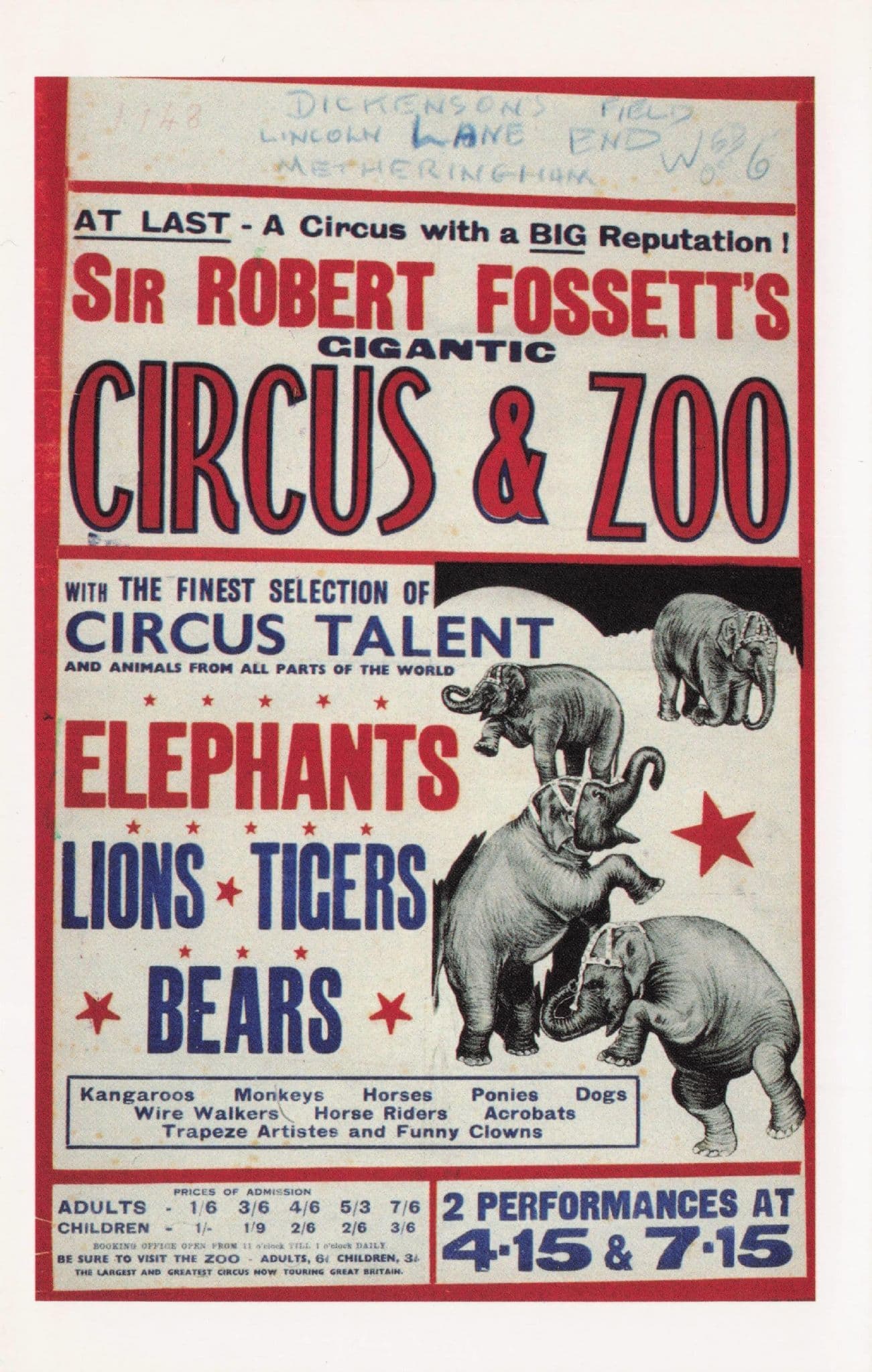 Robert Fossett's Circus Zoo Performing Elephants Poster Postcard