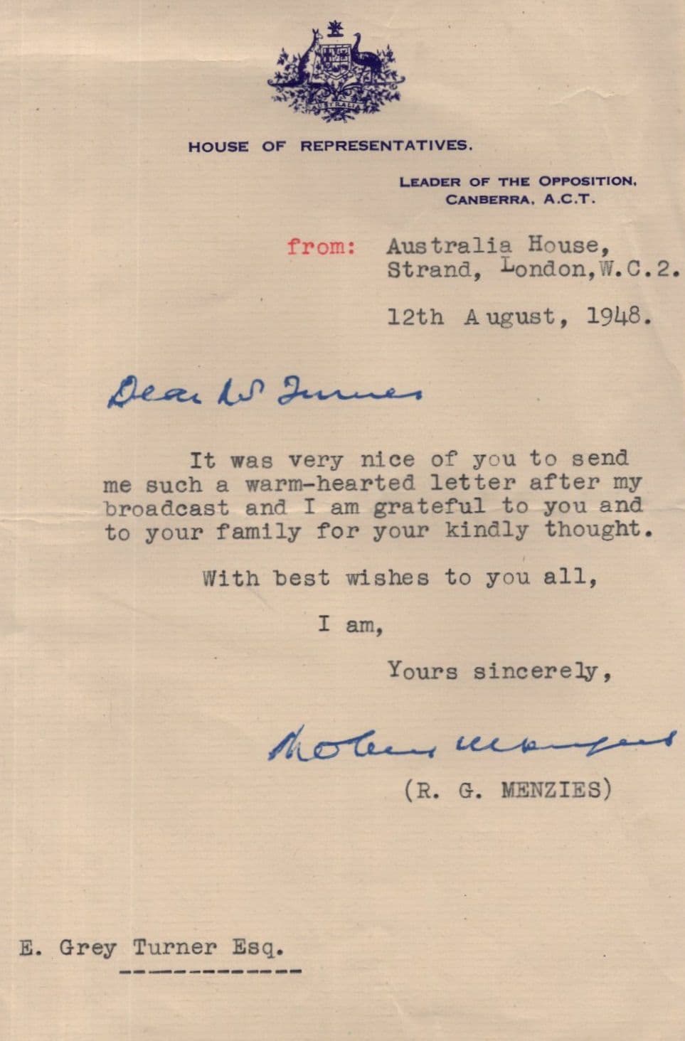Robert Menzies Former Australian Prime Minister Antique Hand Signed Letter