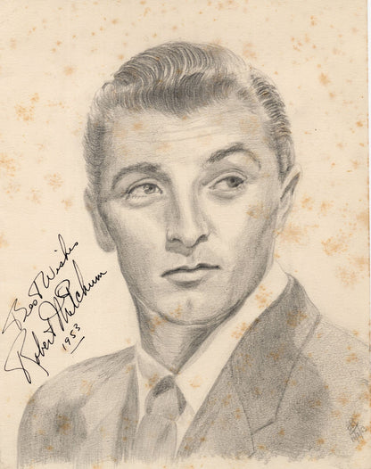 Robert Mitchum Hollywood Film Actor Signed Large Hand Old Art Drawing
