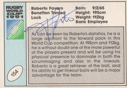 Roberto Favaro Italy Hand Signed Rugby 1991 World Cup Card Photo