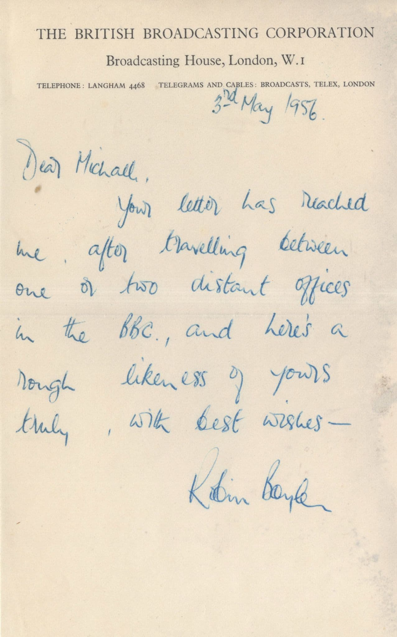 Robin Boyle of Hancocks Half Hour Hand Signed 1956 BBC Letter