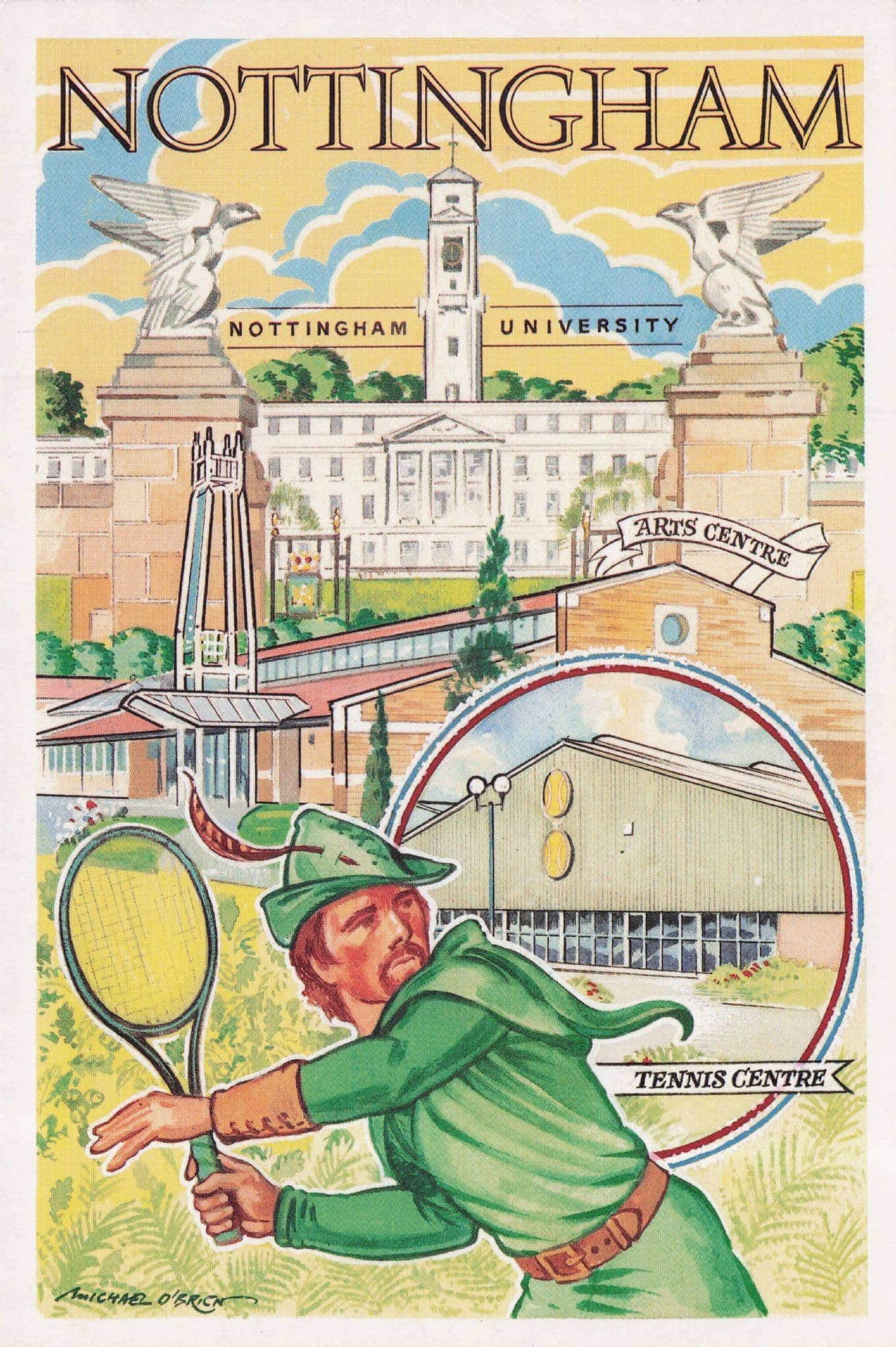 Robin Hood Playing Tennis Nottingham Advertising Postcard