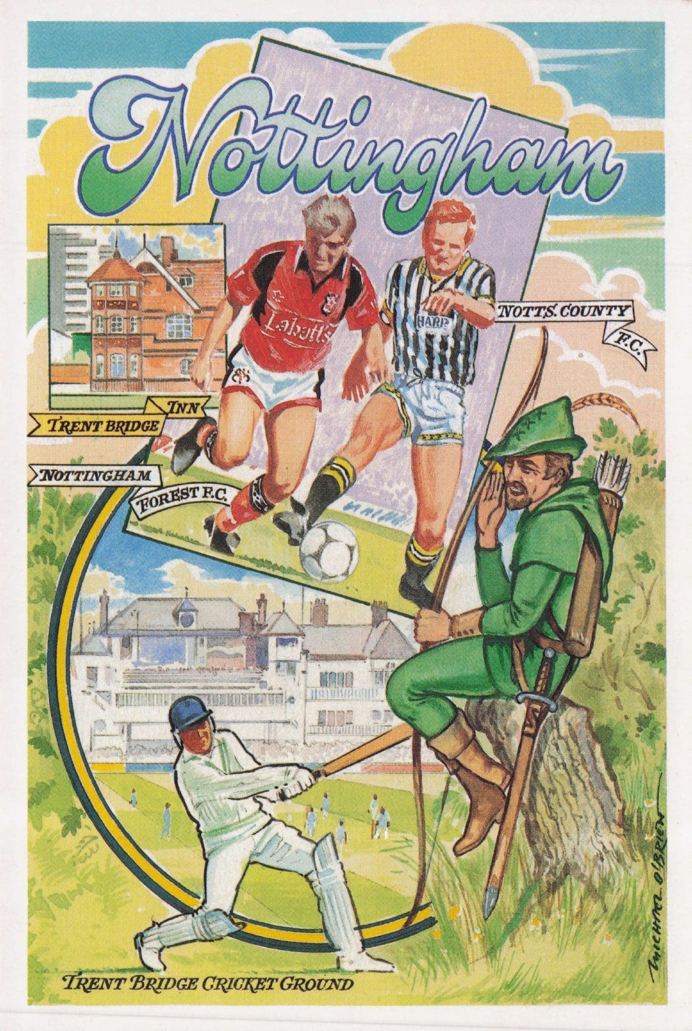 Robin Hood Watches Nottingham Cricket Football Postcard