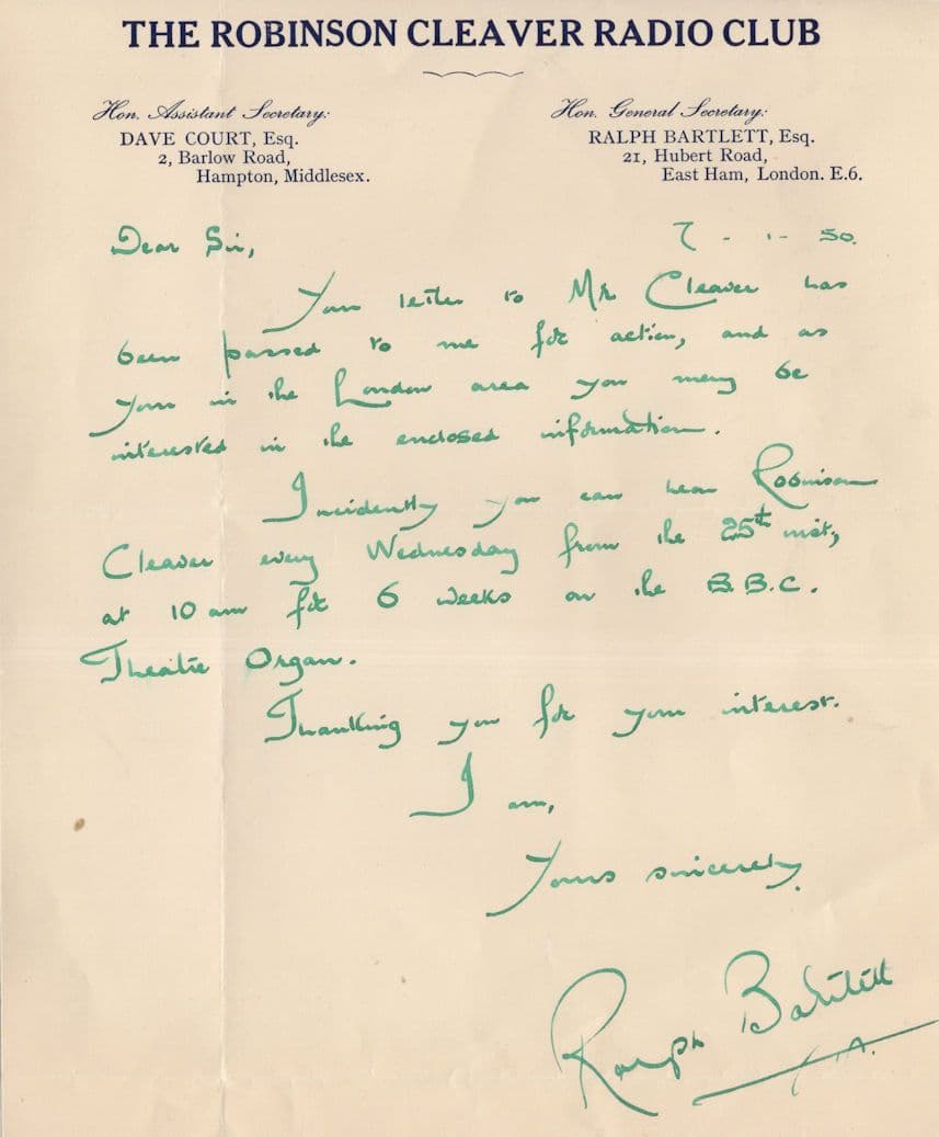 Robinson Cleaver Theatre Organ Club 1950s Hand Signed Letter